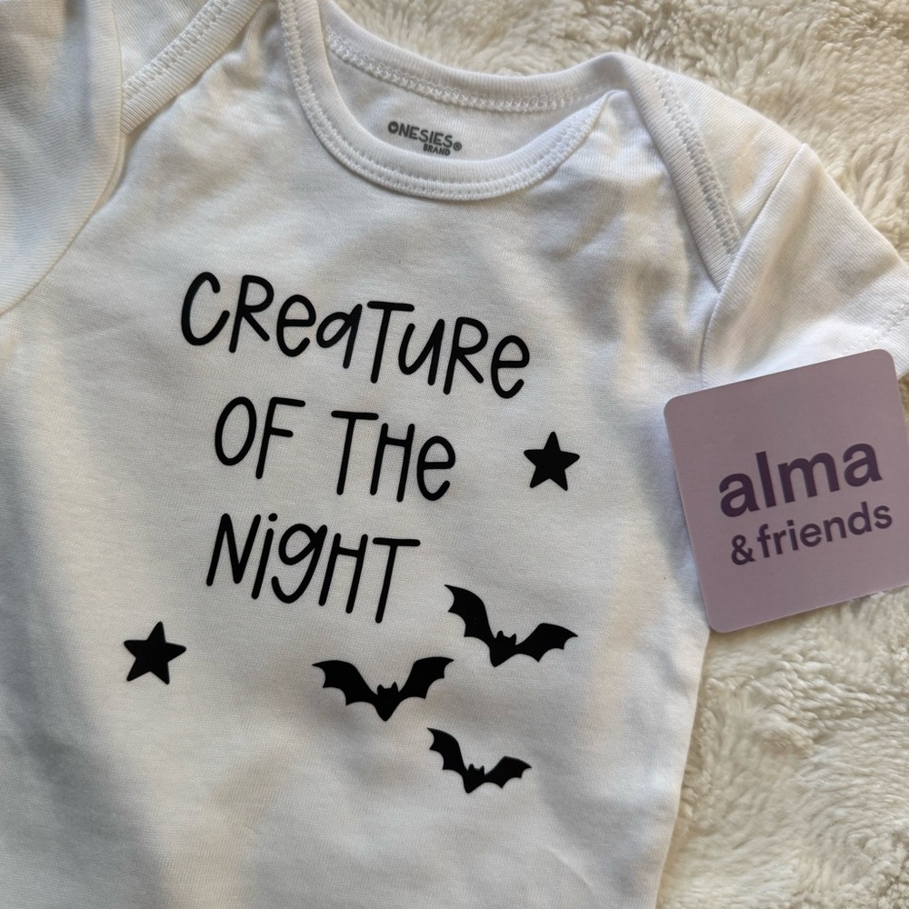 White 'Creature of the Night' baby onesie new baby gift size 6-9 m